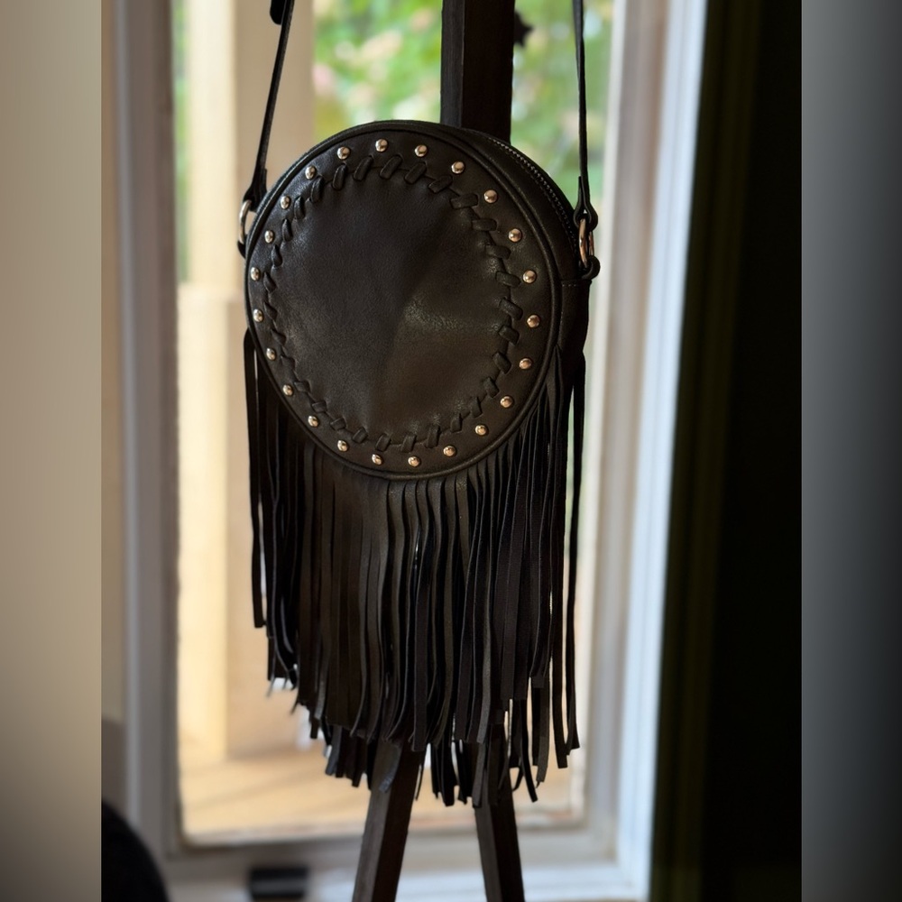 Nine West Fringed Black Leather Crossbody Bag with Silver Stud Detail